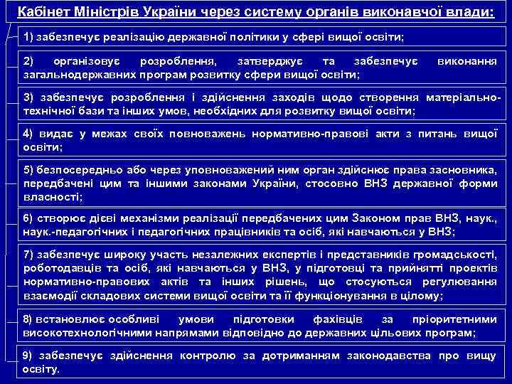 Кабінет Міністрів України через систему органів виконавчої влади: 1) забезпечує реалізацію державної політики у