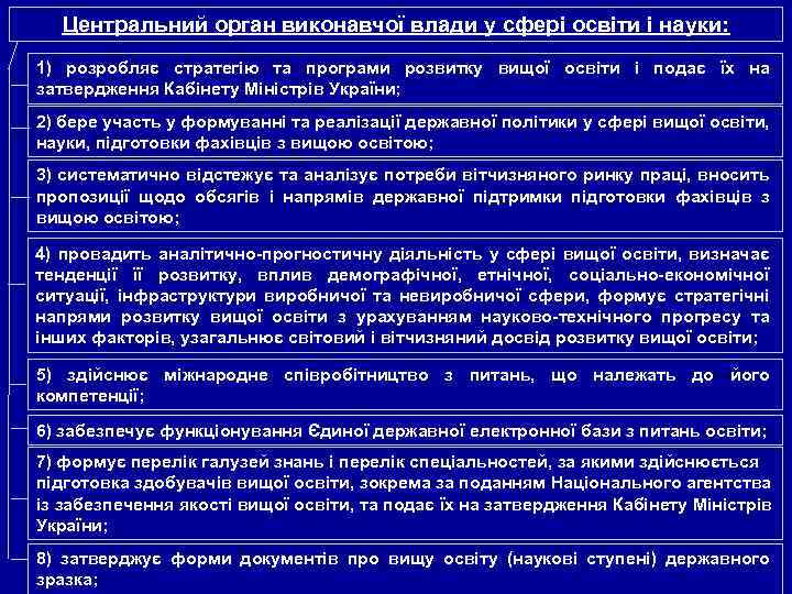 Центральний орган виконавчої влади у сфері освіти і науки: 1) розробляє стратегію та програми