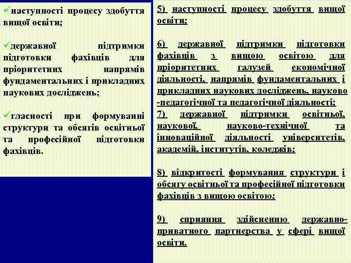 üнаступності процесу здобуття 5) наступності процесу здобуття вищої освіти; üдержавної підтримки підготовки фахівців для