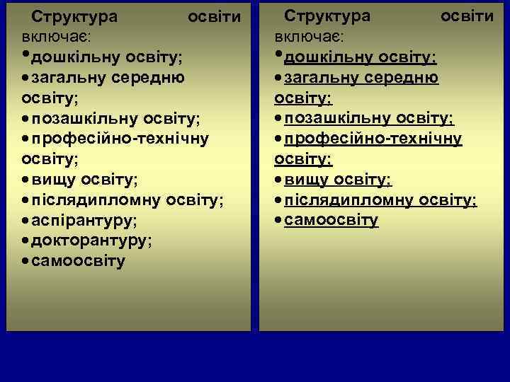 Структура освіти включає: • дошкільну освіту; · загальну середню освіту; · позашкільну освіту; ·