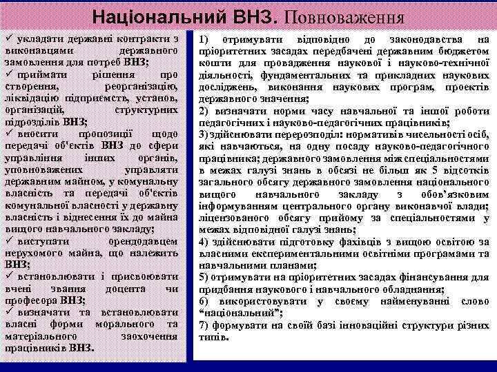 Національний ВНЗ. Повноваження ü укладати державні контракти з виконавцями державного замовлення для потреб ВНЗ;