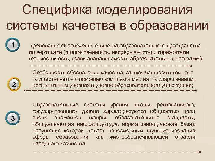 Специфика моделирования системы качества в образовании 1 3 2 3 требование обеспечения единства образовательного