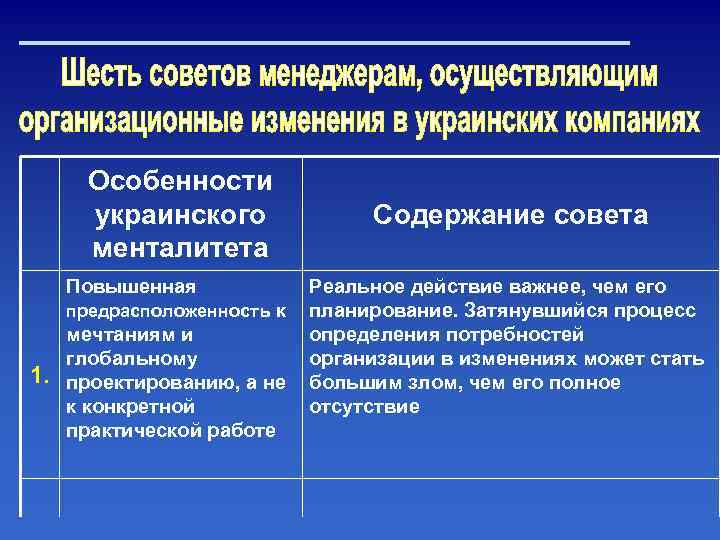Особенности украинского менталитета Повышенная предрасположенность к 1. мечтаниям и глобальному проектированию, а не к