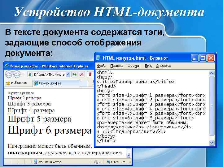 Устройство HTML-документа В тексте документа содержатся тэги, задающие способ отображения документа: 