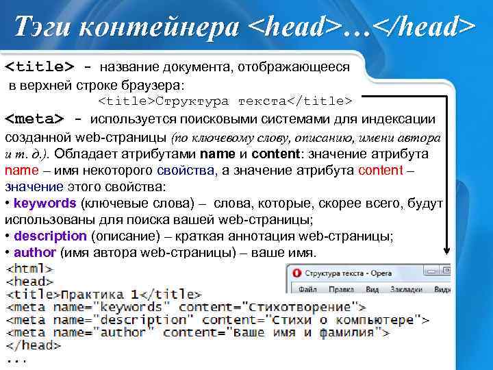 Тэги контейнера <head>…</head> <title> - название документа, отображающееся в верхней строке браузера: <title>Структура текста</title>