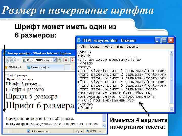 Размер и начертание шрифта Шрифт может иметь один из 6 размеров: Имеется 4 варианта