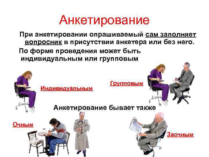 Анкетирование При анкетировании опрашиваемый сам заполняет вопросник в присутствии анкетера или без него. По