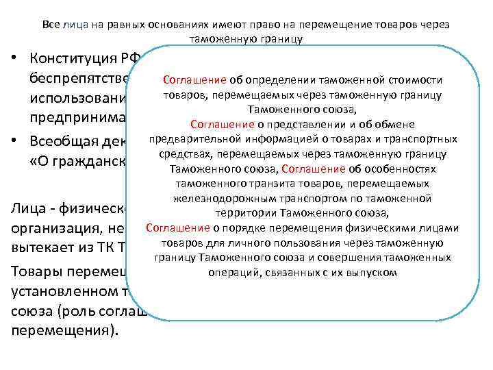 Все лица на равных основаниях имеют право на перемещение товаров через таможенную границу •