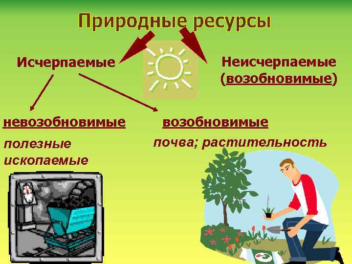 Исчерпаемые невозобновимые полезные ископаемые Неисчерпаемые (возобновимые) возобновимые почва; растительность 