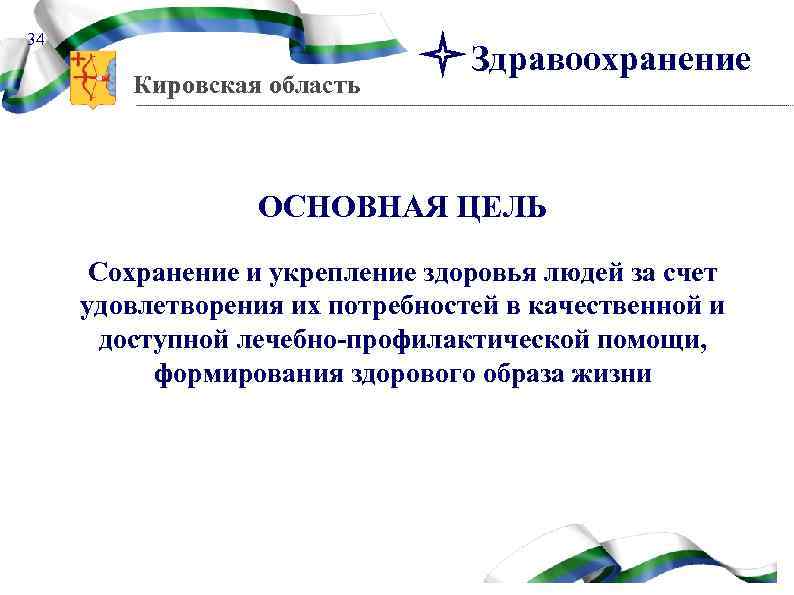 34 Кировская область Здравоохранение ОСНОВНАЯ ЦЕЛЬ Сохранение и укрепление здоровья людей за счет удовлетворения
