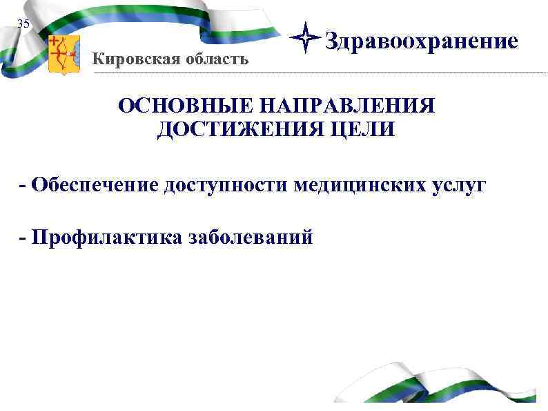 35 Кировская область Здравоохранение ОСНОВНЫЕ НАПРАВЛЕНИЯ ДОСТИЖЕНИЯ ЦЕЛИ - Обеспечение доступности медицинских услуг -
