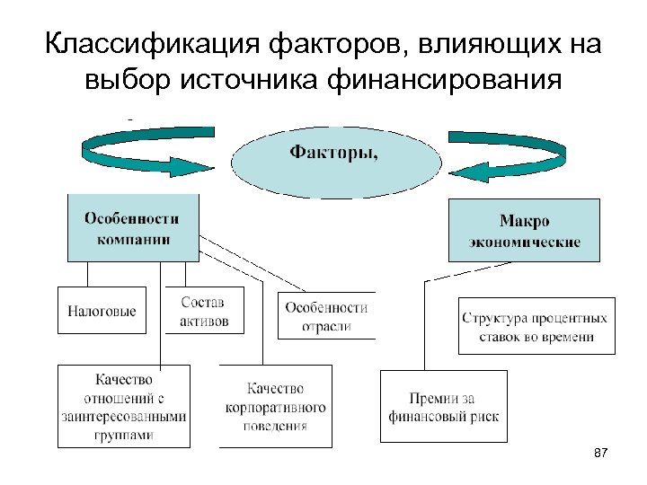 Классификация факторов, влияющих на выбор источника финансирования 87 