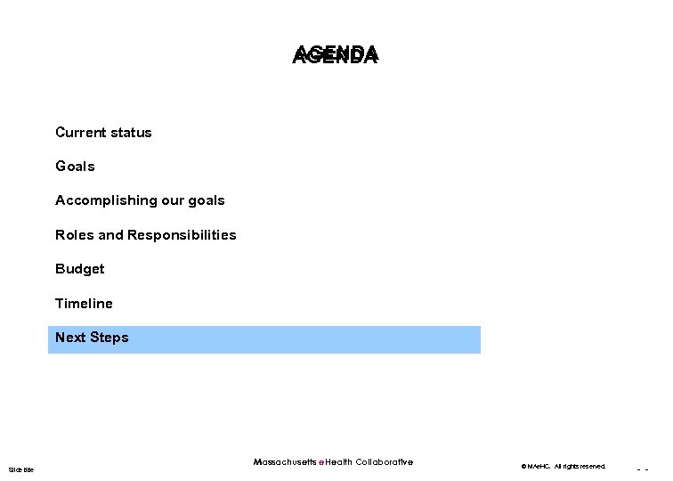 AGENDA Current status Goals Accomplishing our goals Roles and Responsibilities Budget Timeline Next Steps