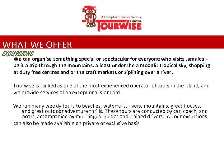 WHAT WE OFFER EXCURSIONS We can organise something special or spectacular for everyone who