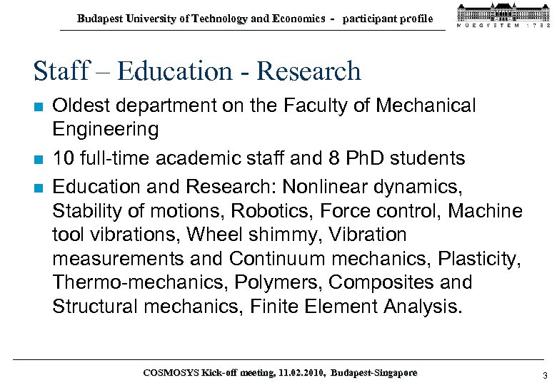 Budapest University of Technology and Economics - participant profile Staff – Education - Research