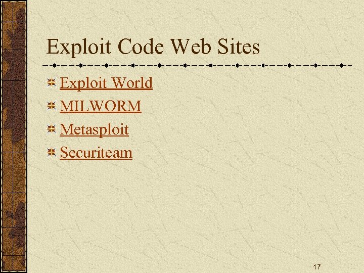 Exploit Code Web Sites Exploit World MILWORM Metasploit Securiteam 17 