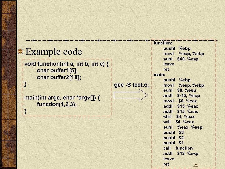 Example code void function(int a, int b, int c) { char buffer 1[5]; char