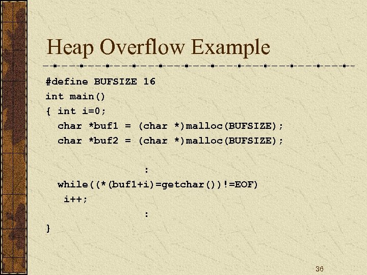 Heap Overflow Example #define BUFSIZE 16 int main() { int i=0; char *buf 1