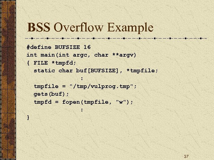 BSS Overflow Example #define BUFSIZE 16 int main(int argc, char **argv) { FILE *tmpfd;