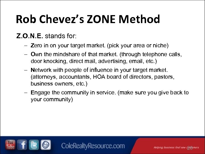 Rob Chevez’s ZONE Method Z. O. N. E. stands for: – Zero in on