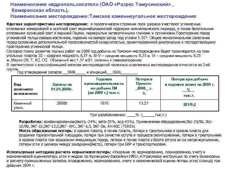 Наименование недропользователя (ОАО «Разрез Томусинский» , Кемеровская область), Наименование месторождения: Томское каменноугольное месторождение Краткая