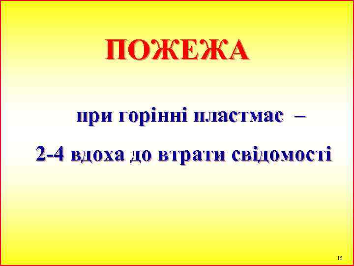 ПОЖЕЖА при горінні пластмас – 2 -4 вдоха до втрати свідомості 15 