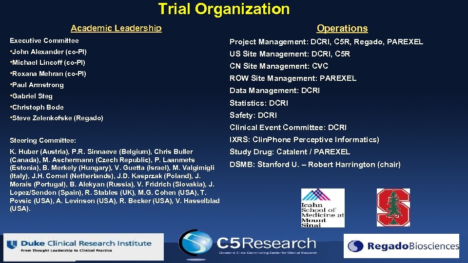 Trial Organization Operations Academic Leadership Executive Committee Project Management: DCRI, C 5 R, Regado,