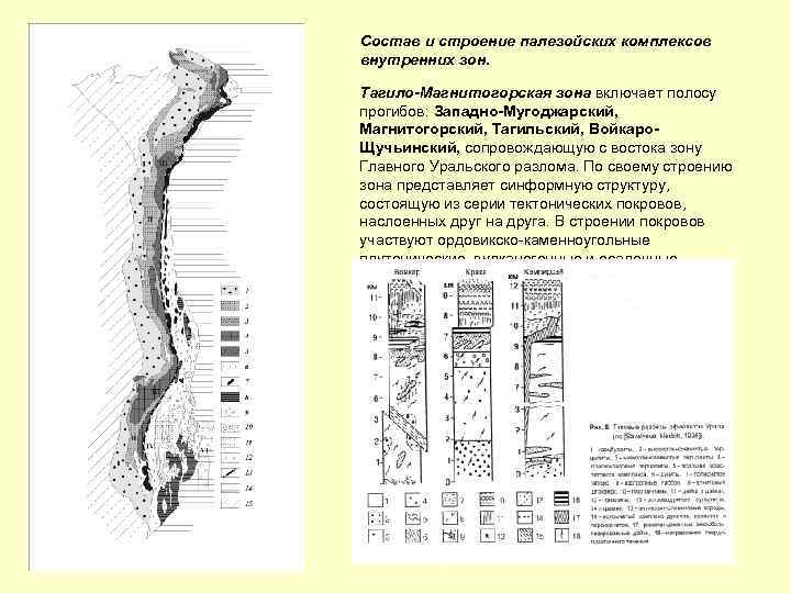 Состав и строение палезойских комплексов внутренних зон. Тагило-Магнитогорская зона включает полосу прогибов: Западно-Мугоджарский, Магнитогорский,