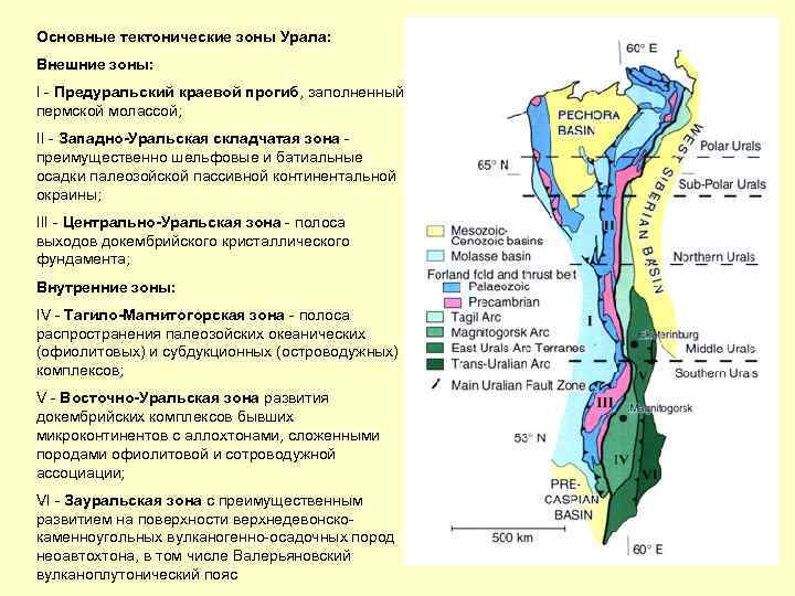 Основные тектонические зоны Урала: Внешние зоны: I - Предуральский краевой прогиб, заполненный пермской молассой;