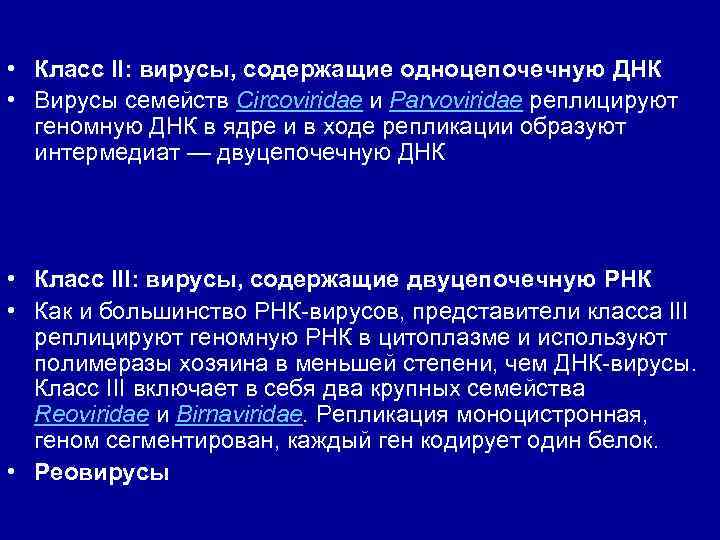  • Класс II: вирусы, содержащие одноцепочечную ДНК • Вирусы семейств Circoviridae и Parvoviridae