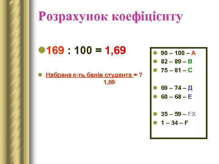 Розрахунок коефіцієнту l 169 : 100 = 1, 69 l Набрана к-ть балів студента