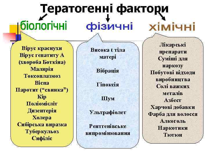 Тератогенні фактори Вірус краснухи Вірус гепатиту А (хвороба Боткіна) Малярія Токсоплазмоз Віспа Паротит (“свинка”)