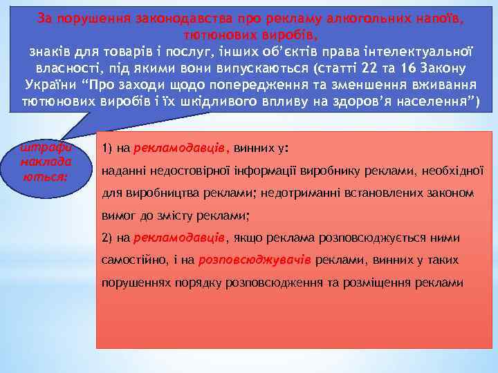 За порушення законодавства про рекламу алкогольних напоїв, тютюнових виробів, знаків для товарів і послуг,