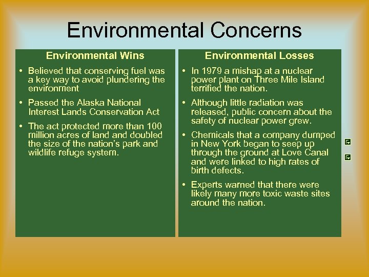 Environmental Concerns Environmental Wins Environmental Losses • Believed that conserving fuel was a key