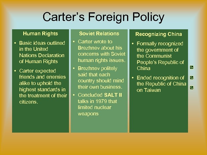 Carter’s Foreign Policy Human Rights Soviet Relations Recognizing China • Basic ideas outlined in