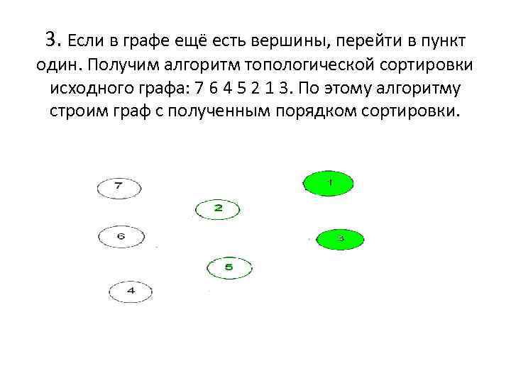 3. Если в графе ещё есть вершины, перейти в пункт один. Получим алгоритм топологической