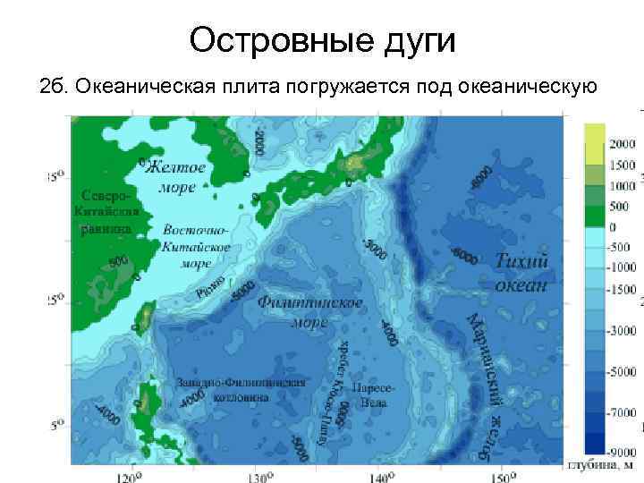 Островные дуги 2 б. Океаническая плита погружается под океаническую 