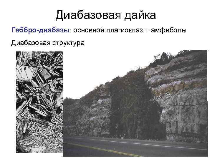 Диабазовая дайка Габбро-диабазы: основной плагиоклаз + амфиболы Диабазовая структура 