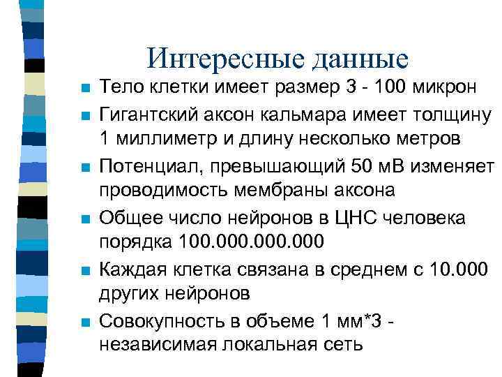 Интересные данные n n n Тело клетки имеет размер 3 - 100 микрон Гигантский