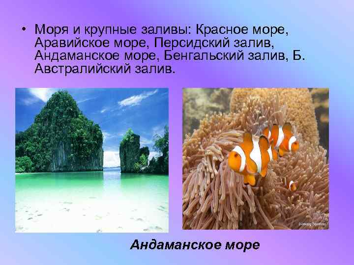  • Моря и крупные заливы: Красное море, Аравийское море, Персидский залив, Андаманское море,