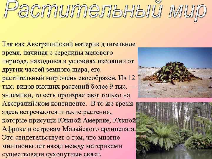 Так как Австралийский материк длительное время, начиная с середины мелового периода, находился в условиях