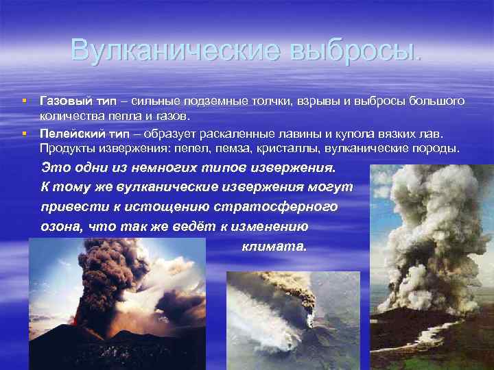 Вулканические выбросы. § Газовый тип – сильные подземные толчки, взрывы и выбросы большого количества