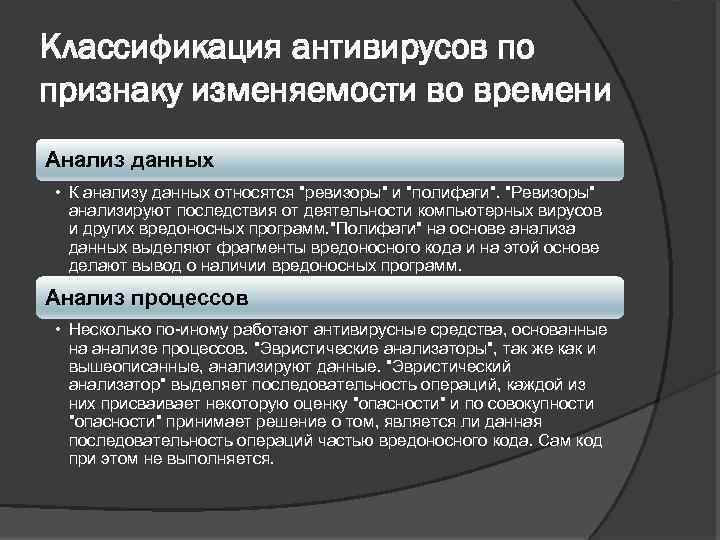 Классификация антивирусов по признаку изменяемости во времени Анализ данных • К анализу данных относятся