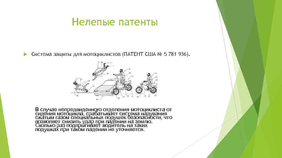 Нелепые патенты Система защиты для мотоциклистов (ПАТЕНТ США № 5 781 936). В случае