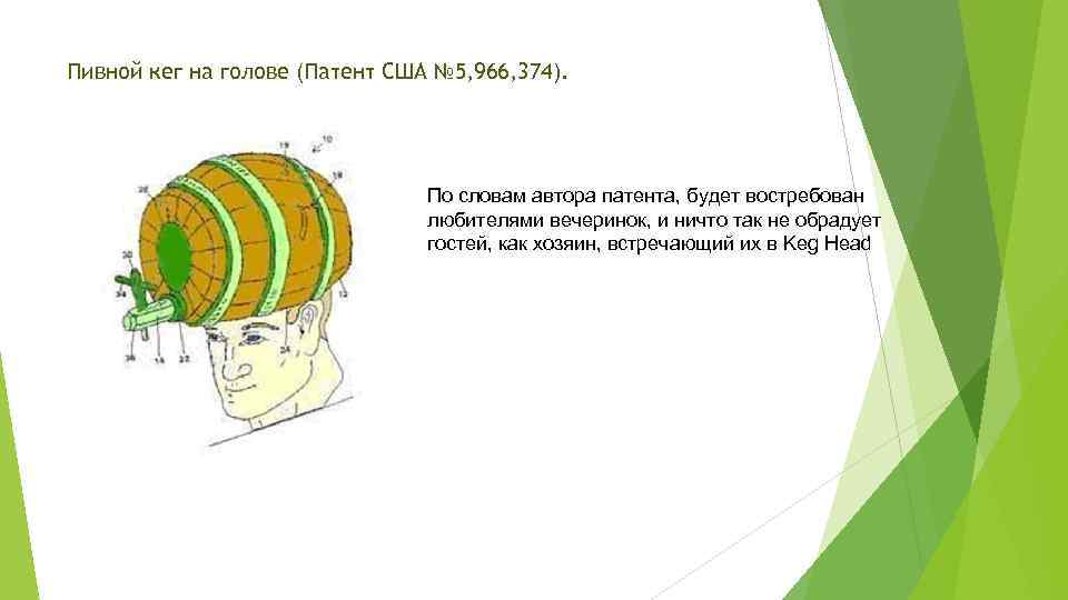 Пивной кег на голове (Патент США № 5, 966, 374). По словам автора патента,