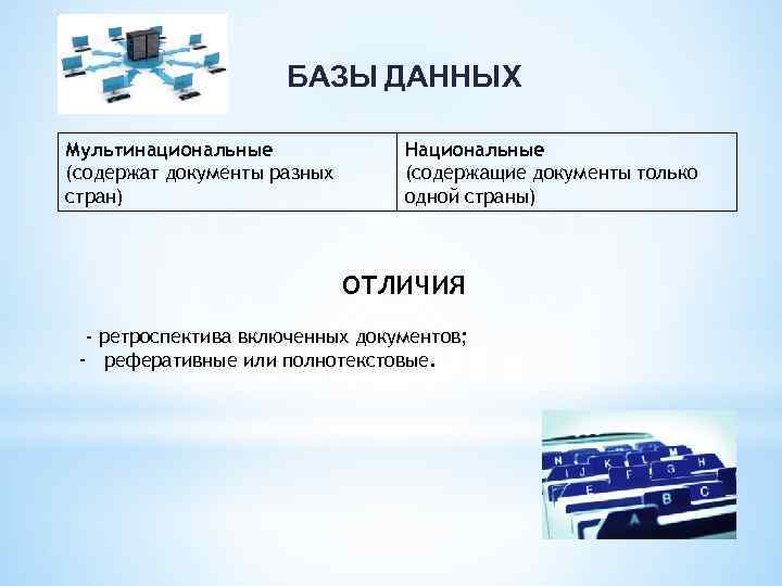 БАЗЫ ДАННЫХ Мультинациональные (содержат документы разных стран) Национальные (содержащие документы только одной страны) ОТЛИЧИЯ
