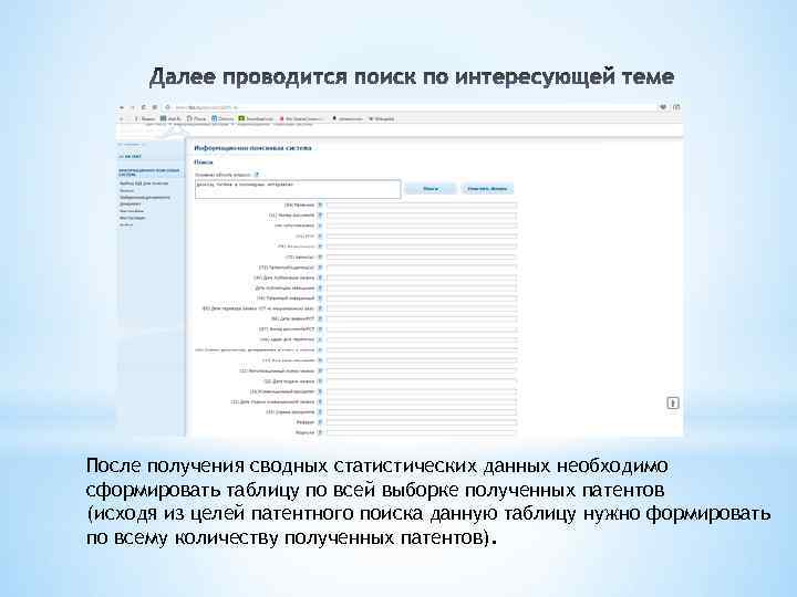 После получения сводных статистических данных необходимо сформировать таблицу по всей выборке полученных патентов (исходя