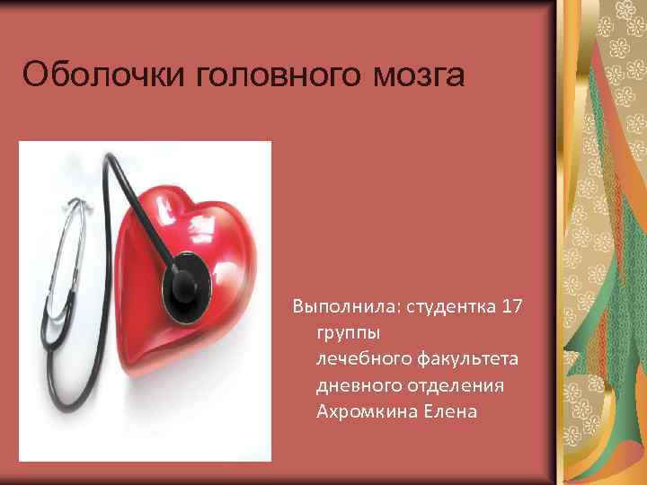 Оболочки головного мозга Выполнила: студентка 17 группы лечебного факультета дневного отделения Ахромкина Елена 