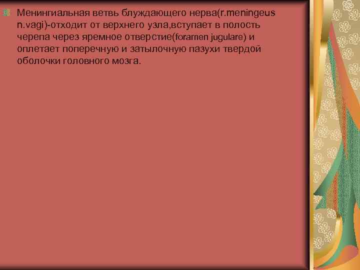 Менингиальная ветвь блуждающего нерва(r. meningeus n. vagi)-отходит от верхнего узла, вступает в полость черепа