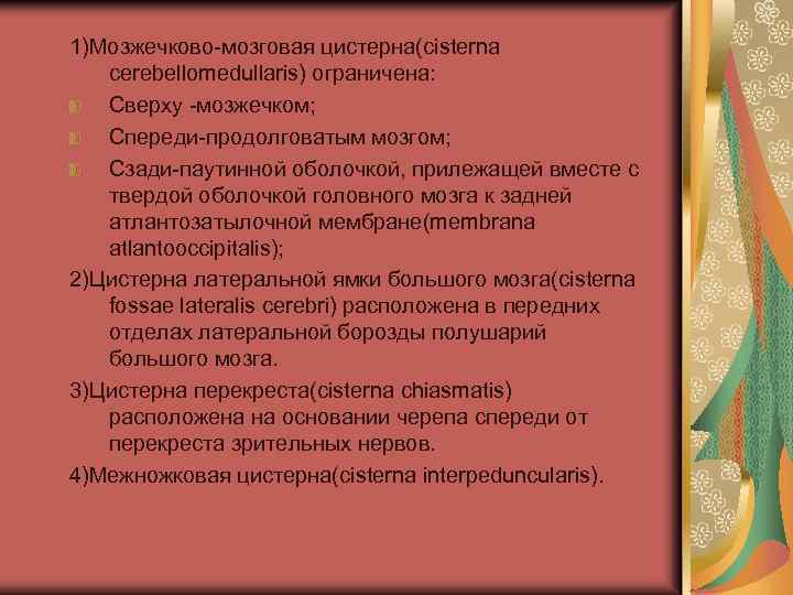 1)Мозжечково-мозговая цистерна(cisterna cerebellomedullaris) ограничена: Сверху -мозжечком; Спереди-продолговатым мозгом; Сзади-паутинной оболочкой, прилежащей вместе с твердой